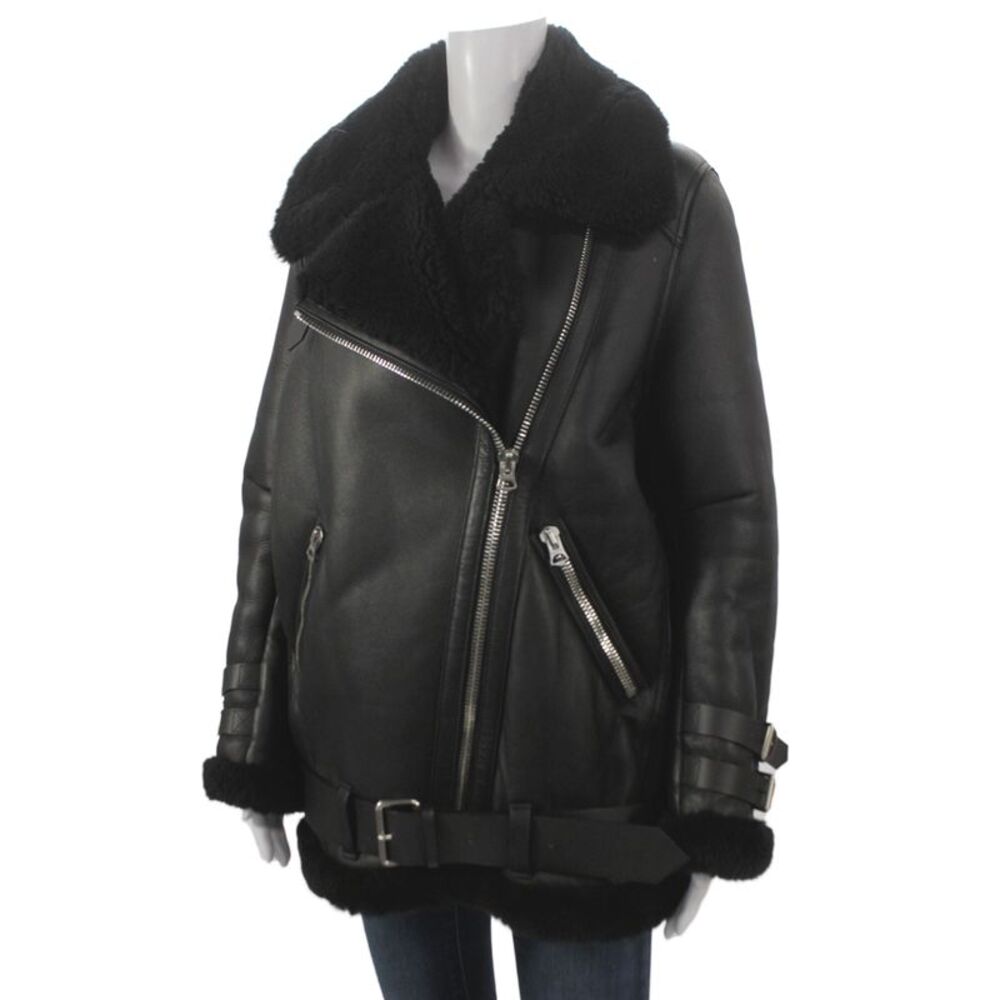 ACNE Studios Womens Biker Lamb Shearling Jacket Black Size 36 - Picture 3 of 7